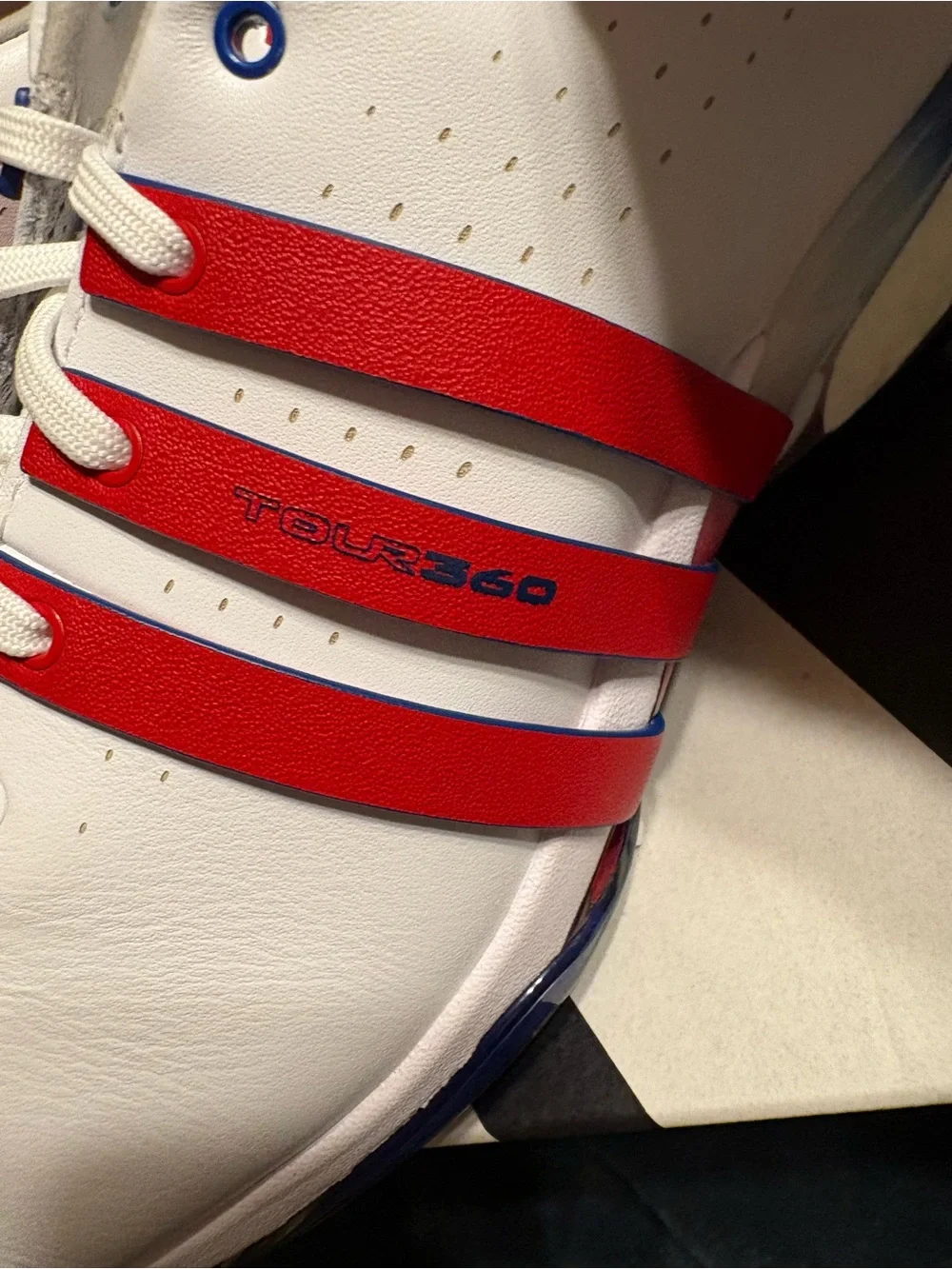 adidas White Sneakers with Red Three-Stripes and Blue Accents